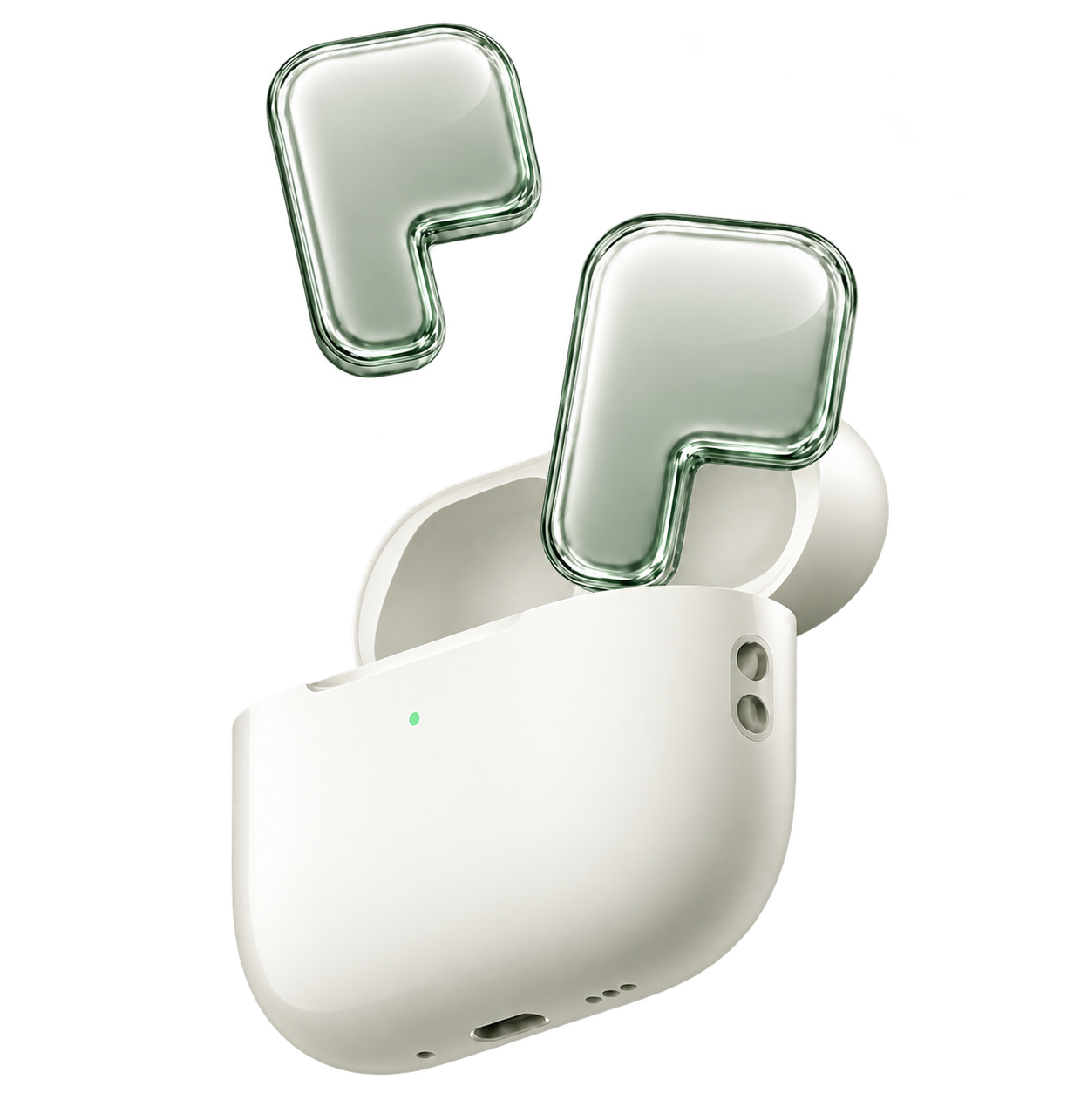 AirPons, two translucent sage glass glyphs rising from a pearlescent charging case